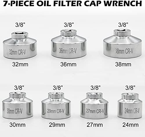 Лекално 2U E Filter Filter Cap Cap Crown Metricle Metrich 7-парчиња комплет за алатки од 24 мм до 38мм за капаче за филтрирање