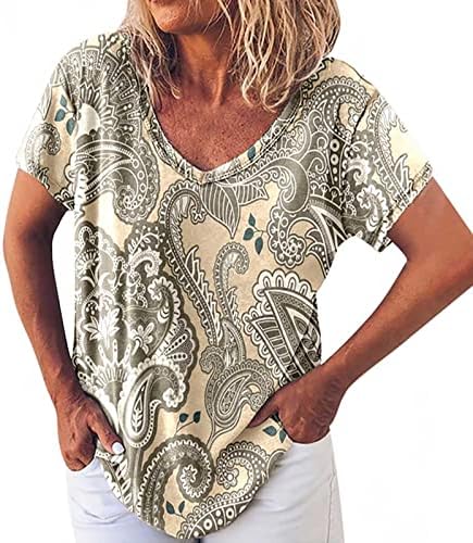 Womenените кратки ракави маички цветни опуштени вклопувани врвни кошули vneck лажички вратот салон гроздобер маици PZ