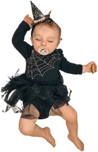 Новороденче бебе девојче Ноќта на вештерките облеки со долги ракави ромпер фустан пајак веб -чипка чипка туту здолниште вештерка едно