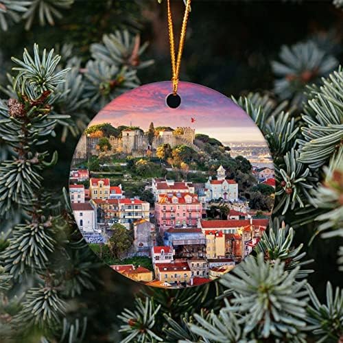 Божиќен украс Лисабон, Португалија линија со замокот Сао Хорхе, Божиќно дрво што виси, двострана порцелан/керамички украс, подарок