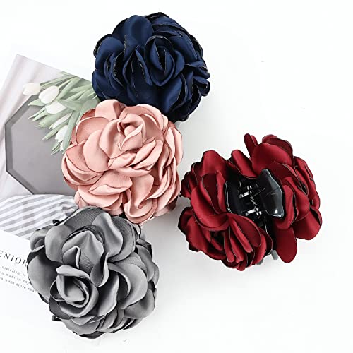 Цинаци 4 Спакувајте Црни Пластични Канџи За Коса Со Голем Голем Цвет Од Роза Цветни Лакови Шноли Стеги Пунџа За Коса Чињон Држачи