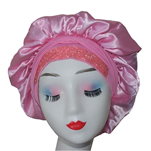 Bonnet Queen Queen Pink Bling Glitter Rhinestone Diamond Satin Hash Bonnet со вратоврска за спиење на ноќно капаче со широко распространета