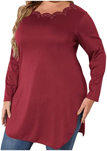 Плус големина долга туника за жени се кријат на стомакот страничен пресек мода висока ниска шуплива лушпа врат со долг ракав пад на блузи