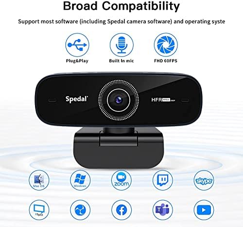 Spedal 1080p 60FPS Веб Камера Со Автоматски Фокус, Вграден Микрофон, Вклучен Софтвер, FHD USB Веб Камера За Зумирање Состанок Skype Тимови