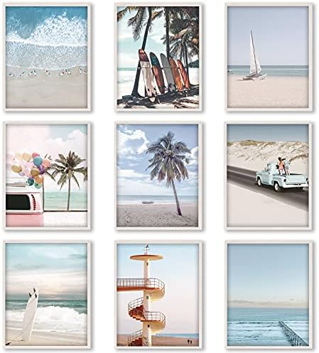 9 парчиња плажа wallидна уметност отпечатоци океански плажа декор наутички тематски постери тинејџери девојки декор за спална соба, 8 x 10 инчи,