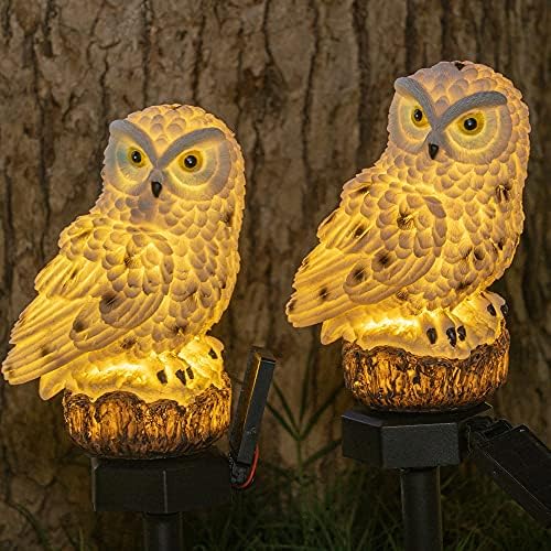 Blubzle Bright Owl Figure Сончеви LED светла, смола градина водоотпорни украси со удел за патека на отворено во двор надвор