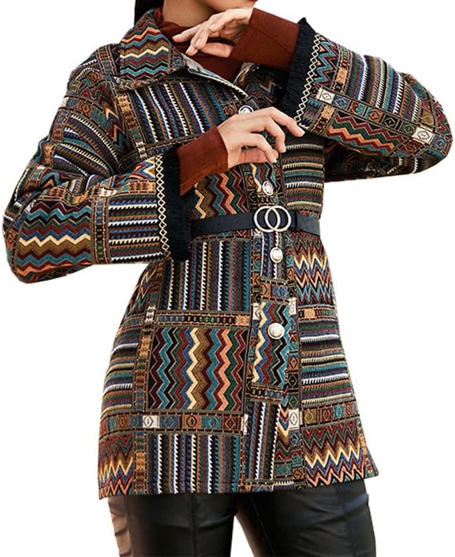 Женски волнено палто гроздобер западен етнички стил јакни Ацтек печати лабаво копче за шипки надолу од кошули ровови со појас