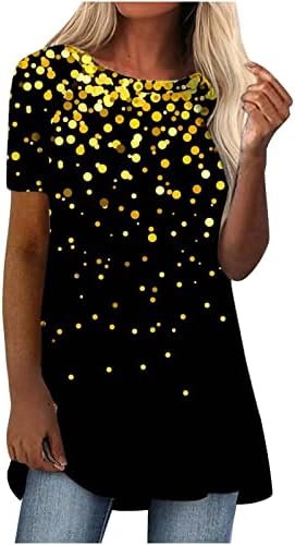 Женски кошули Цветни графички тенок туничен врвови за побудени маици со кратки ракави на екипажот на вратот летни есенски кошули 2023 QE