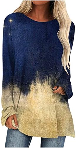 Плус големина жени Туника врвови гроздобер вратоврска градиент градиент долги ракави обични кошули пуловер лабава печатење на врвовите