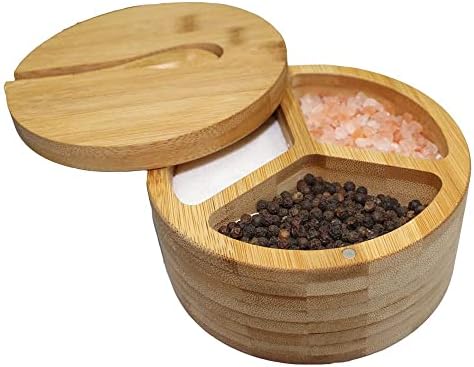 Justemi Bamboo Box сол и бибер, 3 прегради со сол и бибер визба, чинии со сол и бибер со капак и лажица, држач за зачин за кујна