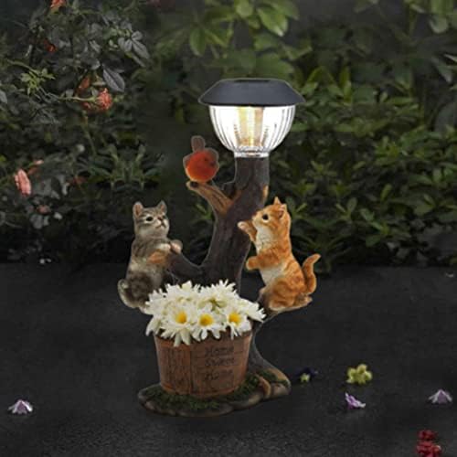 Статуи за мачки на Наисикор, мачка со смола од 13 см, верверица за добредојде на знак за добредојде украс со соларна внатрешна ламба, градинарски
