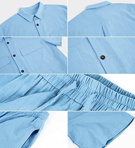 Мажите постелнина кошули поставуваат 2 парчиња облеки случајно копче надолу со кошула со краток ракав лабава панталони летни плажа
