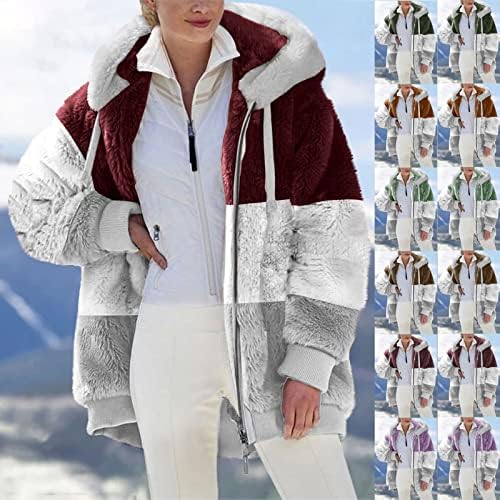 Плус големина Зимски палто за женски faux руно наредени јакни со качулка, мода во боја, лента за патенти кардиган, топли палта