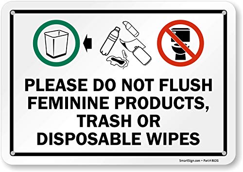SmartSign 7 x 10 инчи „Ве молиме, не испуштајте женски производи, ѓубре или марамчиња за еднократна употреба“, знак за етикета