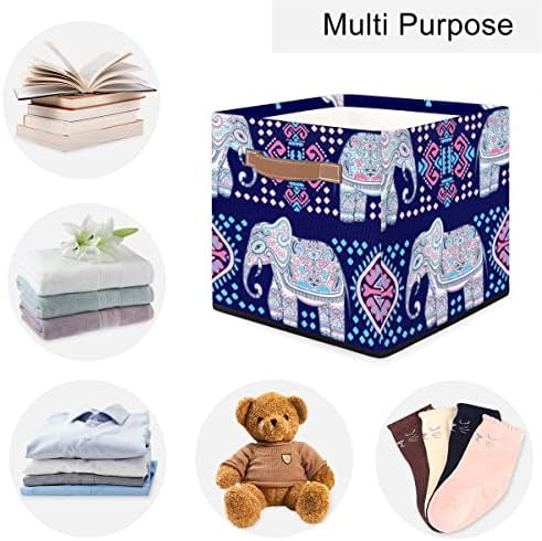 Корпа за корпи за складирање, слој на ткаенини за слонови кутија за складирање коцка со рачки, мандала слон склопување на корпи