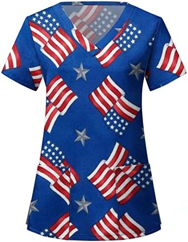 4 -ти јули кошули за жени во САД знаме лето кратки ракави против вратот со 2 џебови блуза врвна празнична обична работна облека