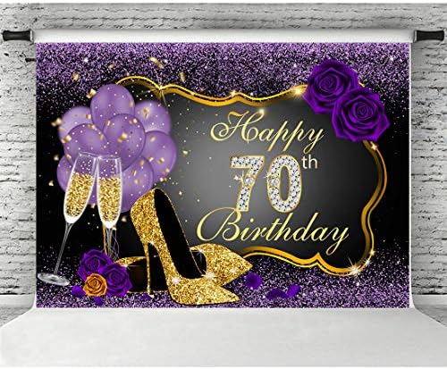 Среќен 70 Ти Роденден Позадини Сјае Виолетова Точки И Злато Рамка Фотографија Позадина За Партија Украси Роза Цветни Балони Потпетици