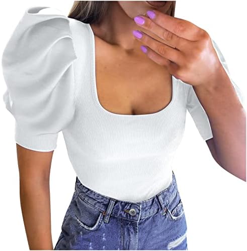 LCEPCY RIBBED врвови за жени Тенок фит квадратен врат маички со кратки ракави 2023 летни трендовски кошули што излегуваат надвор