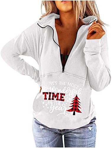 Pullover за женски 2022 XMAS Print Tops 1/2 Zipper Up V-Neck Ruched Y2K кошула џемпер за моите Божиќни нарачки