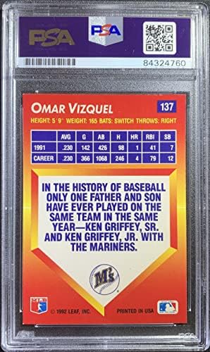 ОМАР ВИЗУКЕЛ ААТ -картичка 1992 Лист 137 MLB Seattle Mariners PSA Encapsulated