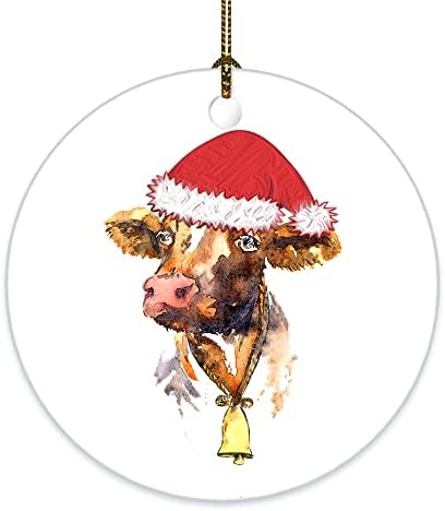 Подароци од крави, крави Божиќни капачиња керамички украс, акварел крава, Божиќна крава украс затворен виси декор на Божиќ, Божиќни подароци за деца, Среќна Божиќна