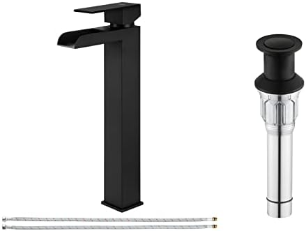 Парлос единечна рачка тапа за мијалник на садот со водопади со одводнување на мијалник, линии за водоснабдување, мат црна, 1441104D-2108604