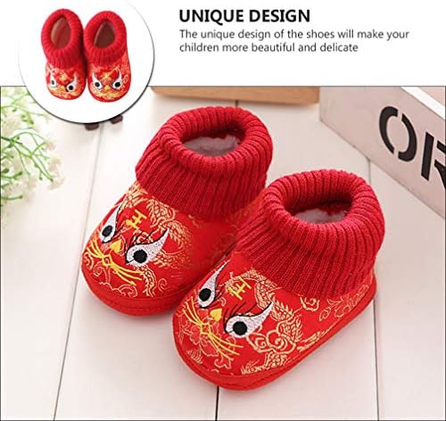 Среќни деца Детска меки папучи Зимски чевли Деца топли кинески тигар глава чевли извезени новогодишни прослави крзнени обувки