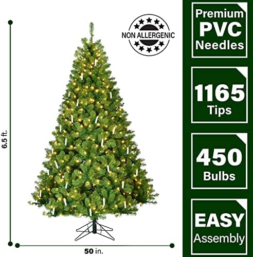 Фрејзер Хил Фарм 6,5-метри. Гроздобер новогодишна елка со класична свеќа и топли бели LED светла | Метален штанд | Празничен декор