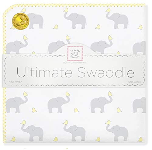 Swaddledesigns Ultimate Winter Swaddle, X-large примано ќебе, направено во САД, премиум памучен фланел, слон и пастелни жолти пилиња