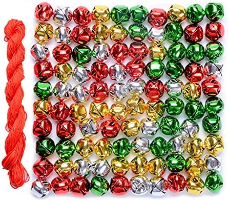 100 парчиња Божиќни sвона занаетчиски мелбо, злато, сребро, црвено и зелено за снабдување со Божиќна декорација со 25 милиони жици
