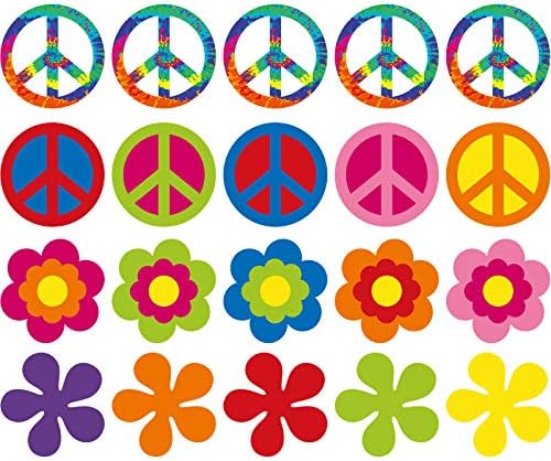 20 парчиња 60-ти забави за забави на 60-тите години на забави Декорацијата Ретро цвеќе исечоци за мировни знаци со точки на лепак за 60 сл