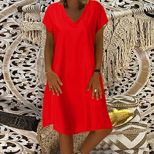 Kulyvon женски моден фустан цврст боја краток ракав против вратот со средна должина фустан женски сандери за лето