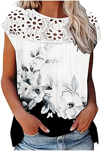 Модни женски маици со кратки ракави лето 2023 година трендовски чипка печатена врвна лабава блуза