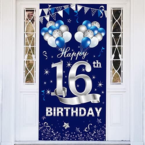 Сина Сребрена 16-Ти Роденден Врата Банер Украси, Среќен 16 Роденден Врата Покритие Знак Партија Материјали За Момчиња, Слатка 16 Годишниот