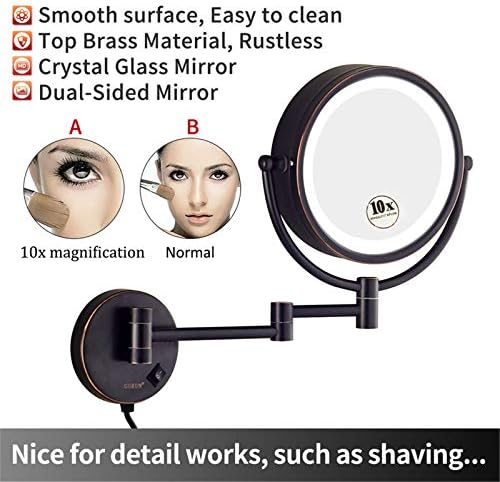 Огледало за шминка со светла и зголемување, 8 инчи двострана месинг 360 ° вртење на вртење на wallидот со лежење на суета со прекинувач,