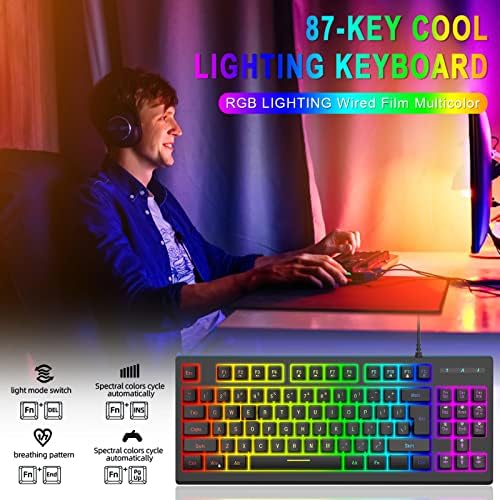 Charella Игри на среќа 87Keys Позадинско Осветлување USОНОМСКИ USB Жична Тастатура 6 Видови На Led Светлосен Ефект За Компјутер Модерен
