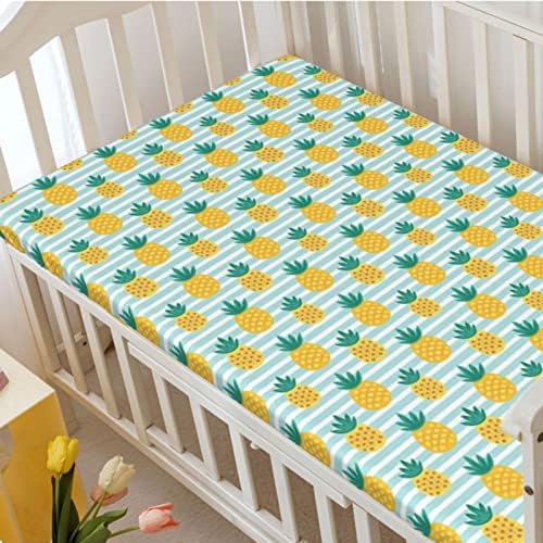 Теми од ананас тематски вграден креветче за креветчиња, стандарден сад за душек за креветчиња, мек дете за дете, вграден лист за бебиња за момчиња, 28 „x52“, жолта зем?