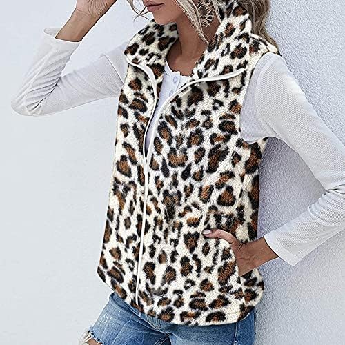 Женска јакна модна есен палто на палто лапел палто елек моден леопард печатен патент лабав плишен палто со џебови со џебови