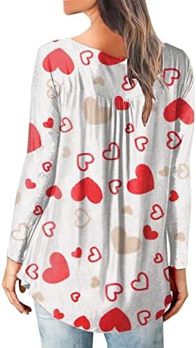 Женски срцеви печатени кошули со туники со долги ракави против копче за вратот секси блуза за пролетен пулвер на Денот на вineубените