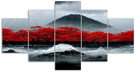 Платно wallидна уметност црвено дрво планина црно -бело јапонско сликарство уметнички дела за украси за домашни простории врамени истегнати подготвени да висат 5 па?