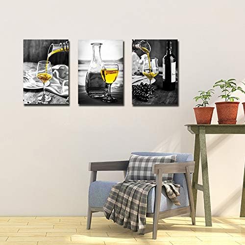 Кујна wallидна уметност за трпезарија, вино за сликање на вино постери црно бело платно жолто вино во чаши слики за домашни украси