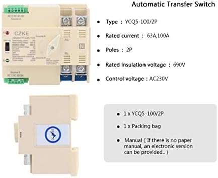 Tintag YCQ5-100 2P 63A/100A Автоматски префрлен префрлување DIN Rail 50/60Hz AC220V ATS PV System Power To City Power