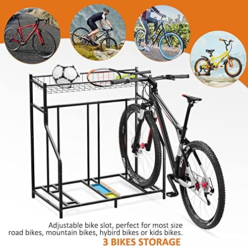 Гадроут 3 гаража за велосипеди со корпа за складирање, кат за велосипеди, гаража Организатор за паркирање велосипед, метална подот за велосипеди за велосипеди за пл