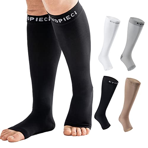 Чорапи за компресија на црни отворени пети на Евоплеци 20-30ммхг чорапи за компресија за намалување на оток и ги ублажуваат варикозните вени