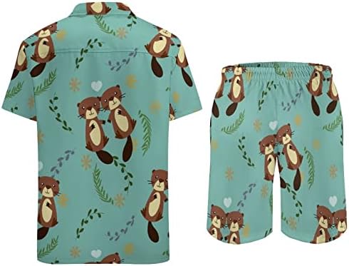 Бевер машки хавајски кошули со кратки ракави со кратки ракави и панталони летни облеки на плажа лабаво вклопување на тренерки