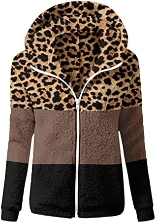 Женска качулка крпеница, топло зимско јагнешко одмолно плишано густо леопард печати целосен патент плус големина на палто јакна од надворешна облека