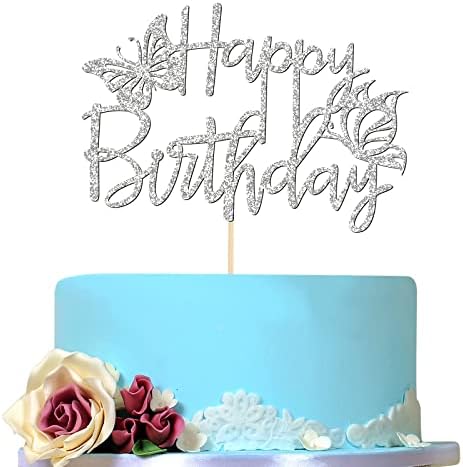 Сребрена Среќна Роденденска Торта Топер Со Пеперутка, Декор За Торта Со Пеперутки За Девојче 1-ви 2-ри 3-ти 4-ти 5-ти 10-ти 30-ти