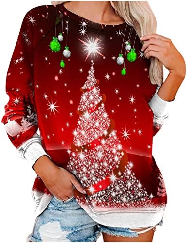 Среќна Божиќна маичка Дедо Мраз, Божиќно дрво, жени со долги ракави, екипаж на вратот на вратот на врвовите на блузата безбол маичка кошула