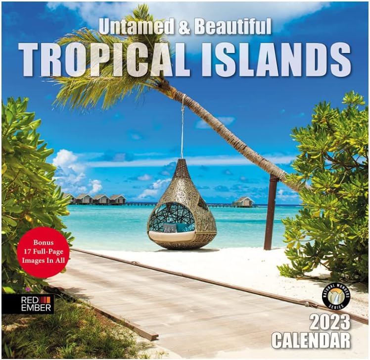 Црвени Ембер Тропски острови јануари - декември 2023 година Месечен календар на wallидови | Делукс издание - 5 дополнителни слики со