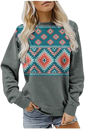 Womenените Ацтек Гроздобер геометриски врвови за печатење на екипажот со долги ракави маички Западен етнички графички лабав лесен пуловер